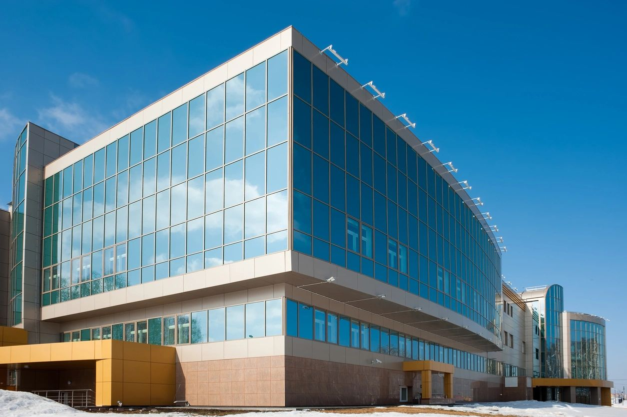 Blue colored commercial building